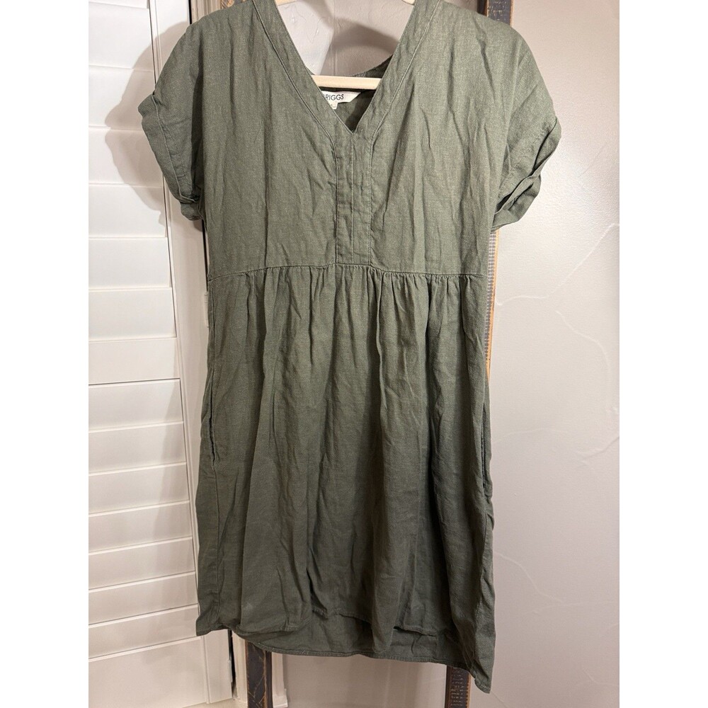 Briggs Linen Blend V-neck Lagenlook Short Sleeve Green Dress Sz Small